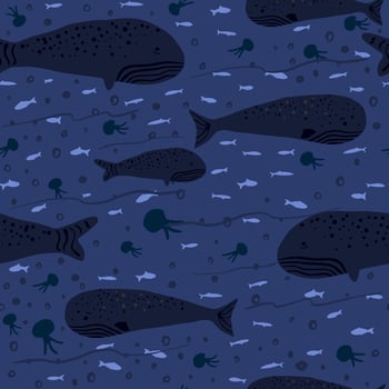 Seamless marine pattern with cahalots and whales. Sea animals and weeds on navy blue tones print. vector