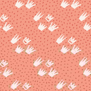 Crown white ornament seamless pattern. Coral background with dots. Hand drawn art work. vector
