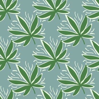 Marijuana green leaves simple seamless pattern. Green herbal silhouettes on blue background. vector