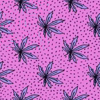 Bright seamless ganja pattern. Hand drawn sheet elements in blue color on lilac background with dots. vector