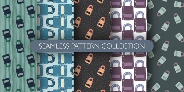 Set of privacy seamless pattern with security details, lock door silhouettes. Cute lock collection. vector