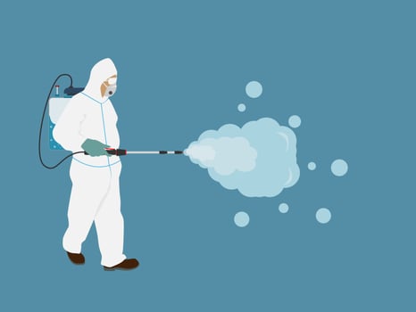 A young man wears protective clothing, a gas mask and a gas canister to kill the corona virus. Toxin and chemical protection vector