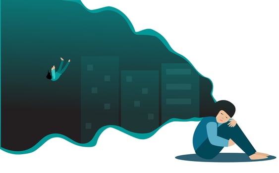 The unhappy and sad girl She thought of suicide on a tall building. Depression illustration concept vector