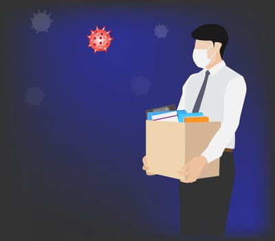 Young man with a mask Carrying a box of personal belongings unemployed He was fired due to the Coronavirus Crisis, the slow-moving economy and the epidemic. vector