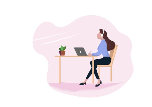 A business woman using a laptop computer sitting at a table wearing headphones To relax work process woman cartoon character flat vector illustration