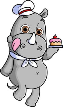 The happy rhinoceros is serving the cake in the restaurant vector