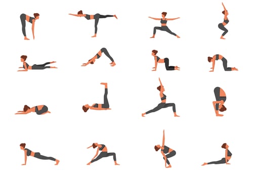 A set of young women with a slim figure doing yoga Healthy lifestyle. Collection of female cartoon characters performing various yoga poses on white background - Vector