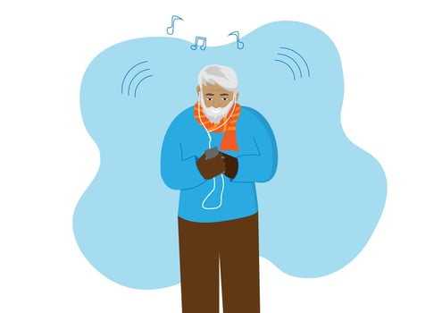 Old man, he listened to music on his high-tech phone with headphones. vector