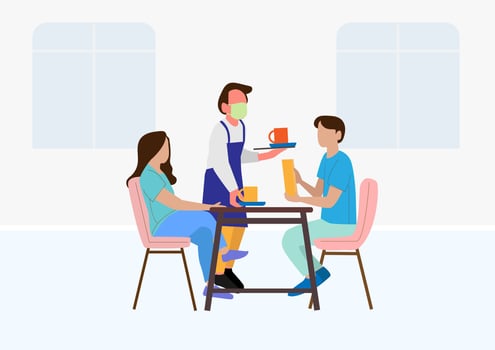 New normal life in an aloof society during the COVID-19 outbreak, a restaurant waiter wearing masks and customers keep their distance to prevent the spread of COVID-19. vector