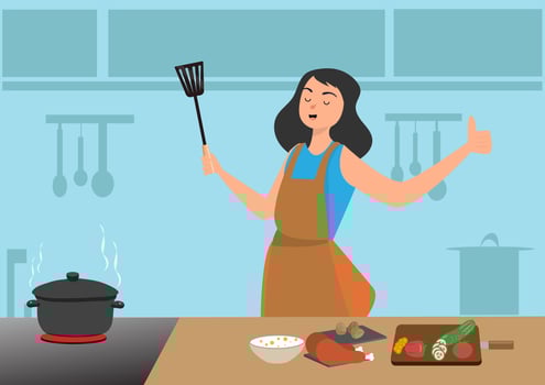 A woman cooking in a good mood She is making chicken curry For dinner vector