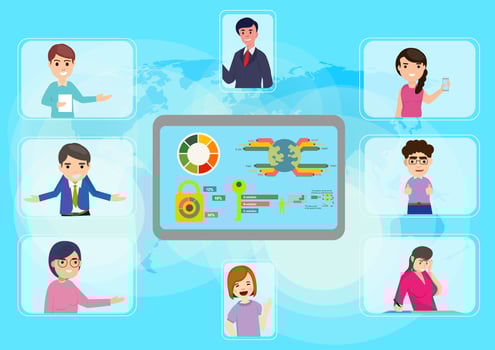 Business team vector concept in video conference during online meeting business man Senior in a video call, chatting with a wide variety of colleagues.