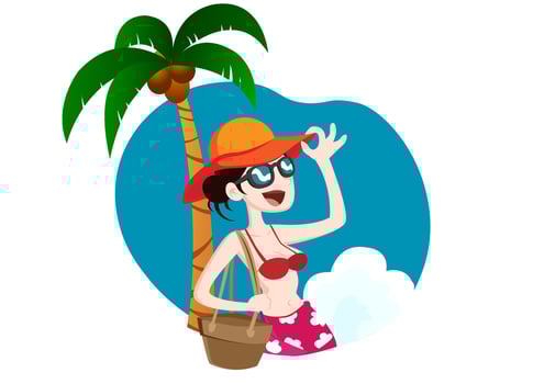 Young woman relaxing in red bikini and brim hat, walking on the beach sunbathing. Summer vacation by the sea Beautiful girl getting a tanned skin vector