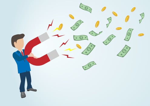 businessman with magnet. Business concept of the attraction of money, customers and investment. Vector illustration in a flat style.