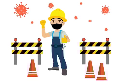 Construction workers have to prevent the spread of coronavirus by wearing masks. Under construction vector