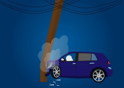 Car accident icon Collide with the electric pole beside the road Side view Flat style cartoon illustration vector
