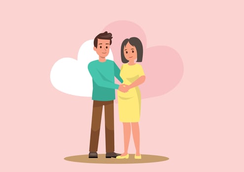 Happy family Husband touches pregnant wife He smiled happily. Flat style cartoon illustration vector