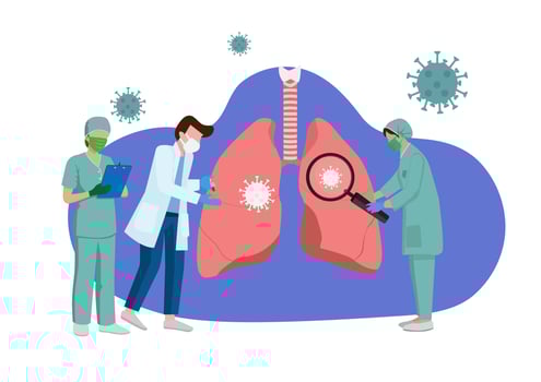 A group of doctors examining the lungs affected by the coronavirus. Vector illustration in cartoon style Medical workers wearing masks to save lives from pneumonia. Ideas about coronavirus treatment