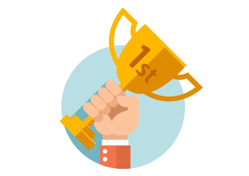 Happy business people hold the golden cup award in hand, leadership concept, victory, number one prize. vector