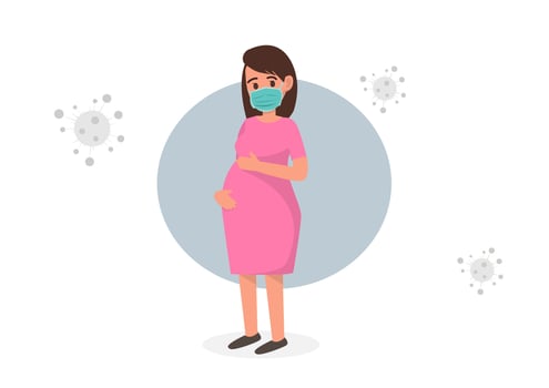 Pregnant woman fighting virus wearing a medical mask. Flat style vector illustration