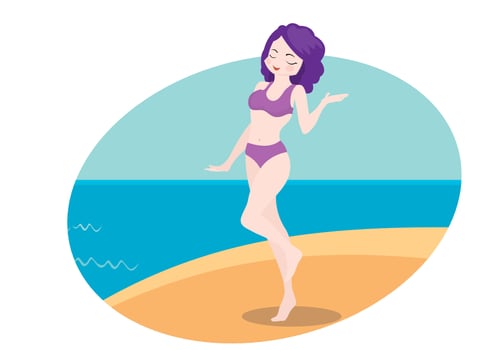 On the picture, a young woman in a bathing suit from the sea, a beautiful purple swimsuit fashion show. Young women are attractive and beautiful. Flat style cartoon illustration vector