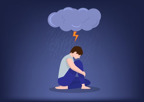 Male character feeling depressed, like being alone, crying with sadness, mental illness concept, sad or flat style illustration. vector