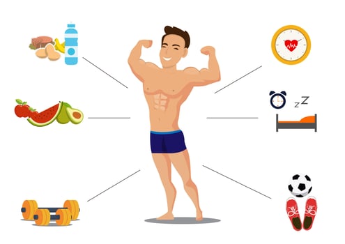 Young men show their muscle strength through exercise and health care. Flat style cartoon illustration vector. vector