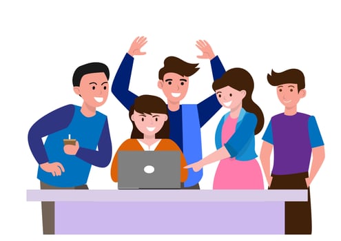 Office workers celebrating project success. Successful teamwork. Flat style cartoon illustration vector