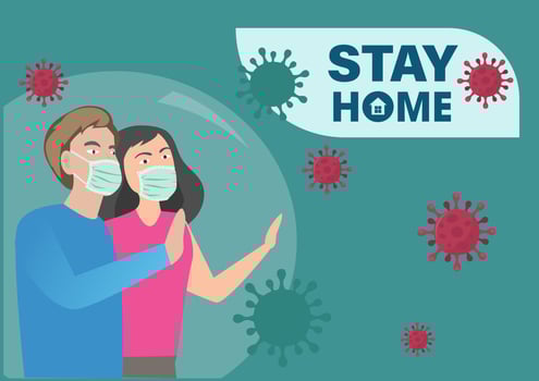 Stay home, stop the spread of the coronavirus, men and women under protective sign glass cover.  Flat style cartoon illustration vector