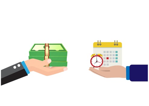 Managing your time and money Time is money or time has to be paid. Financial planning Scheduling and time management Vector illustration.