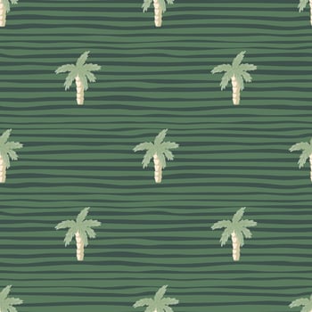 Jungle seamless pattern in pale tones with simple palm tropic print. Green colors, striped background. vector