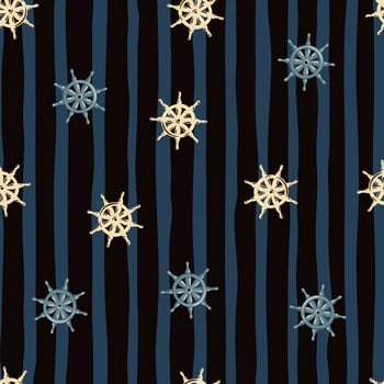 Nautical seamless pattern with beige and blue random ship helm print. Dark black and blue striped background. vector