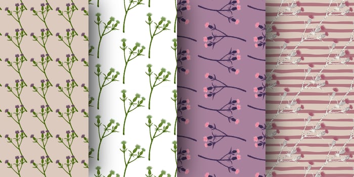 Set of seamless pattern with burdock branches ornament. Geometric flowers collection. vector