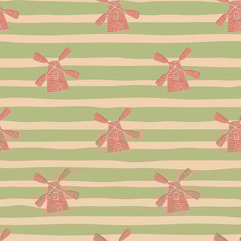 Architecture seamless pattern with pink doodle windmill ornament. Green striped background. vector