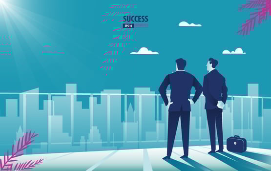 Successful businessman standing looking panoramic city. Business vector concept illustration