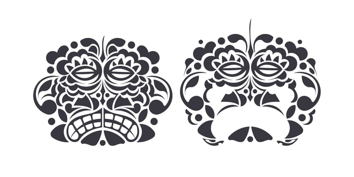 Set polynesian tiki mask silhouette isolated on white background. Hawaiian tribal mask. Vector cartoon style.