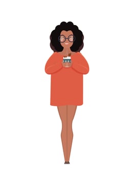 A dark-skinned girl in glasses and a long T-shirt holds a hot drink in the gooks. African American girl in full growth. Isolated. Vector. vector