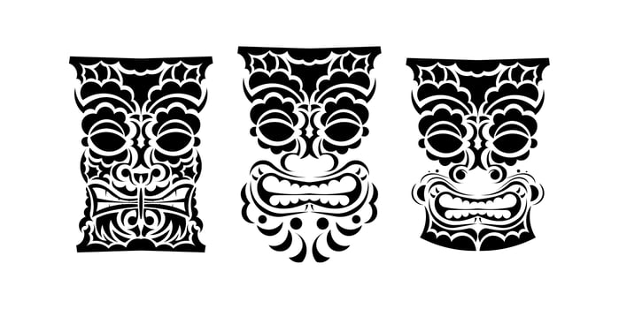 Set of Faces totems in ornament style. Polynesian, Maori or Hawaiian tribal patterns. Good for prints, tattoos, and t-shirts. Isolated. Vector illustration.