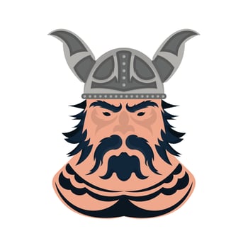 Viking in long helmet with horns isolated on white background. Cartoon cute face viking in doodle style vector illustration.