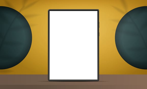 Tablet with a white screen. Yellow room with design background and empty shelf. Yellow studio background space with leaf shadows. Vector. Realistic style. vector