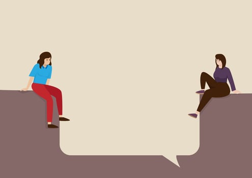 A woman with ideas and advice A young girl sits on a large speech bubble discussing women's power and problem solving. Vector illustration