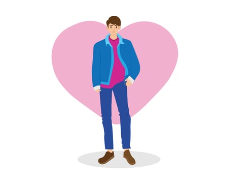 A handsome young man character standing in a blue coat and blue jeans. front view of man in casual clothes Isolated vector illustration in cartoon style.