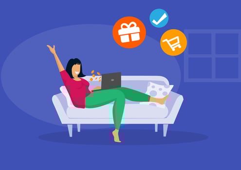 Happy woman earning money with the help of computer, wealth, coins and prizes. flat laptop vector illustration Free Ideas and Prosperous Finance. Flat style cartoon illustration vector