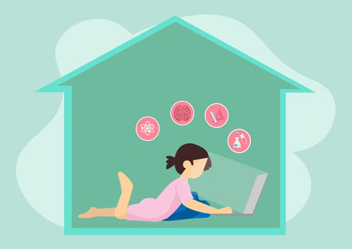 girl studying online education from home due to covid-19 virus outbreak flat style cartoon illustration vector