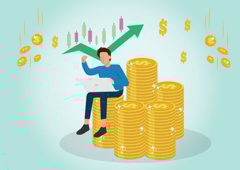 Investor with laptop monitoring growth of dividends. Trader sitting on stack of money, investing capital, analyzing profit graphs. Vector illustration for finance, stock trading, investment concept