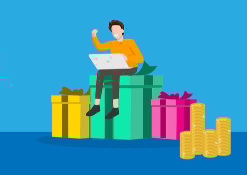 happy man earn money with the help of computer wealth coins and prizes flat laptop vector illustration free prosperous ideas and finance flat style cartoon illustration vector
