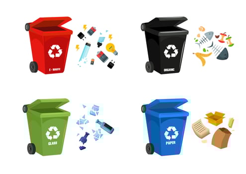 Trash can, out wheeled bin icon, throw garbage, waste, bottle, swing apple, paper, unnecessary things, to throw. Flat design, vector illustration, vector.