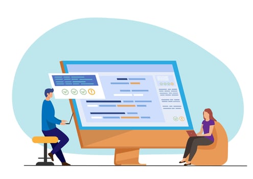 Document Management System  Standards Quality Control Warranty Male manager character is explaining the method to employees. flat style cartoon illustration vector