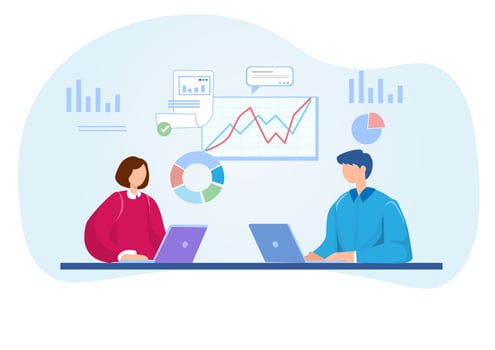Data analytics for business financial investment ideas with a team of business people working on a graph dashboard. Flat style cartoon illustration vector