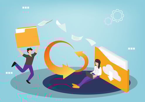 Sharing file, file transferred encrypted form, transfer of documentation, migration concept, Flat style cartoon illustration vector