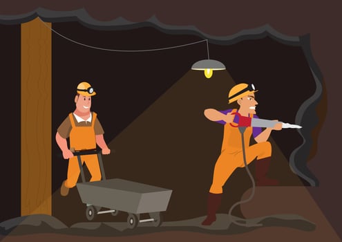men in uniform work underground mining coal. Flat style cartoon illustration vector